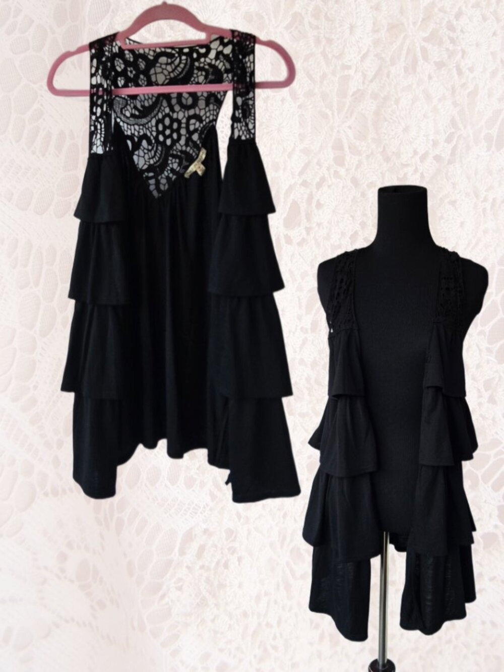 Carolyn Taylor Black Ruffle and Lace Racerback Kimono Cardigan Boho Romantic